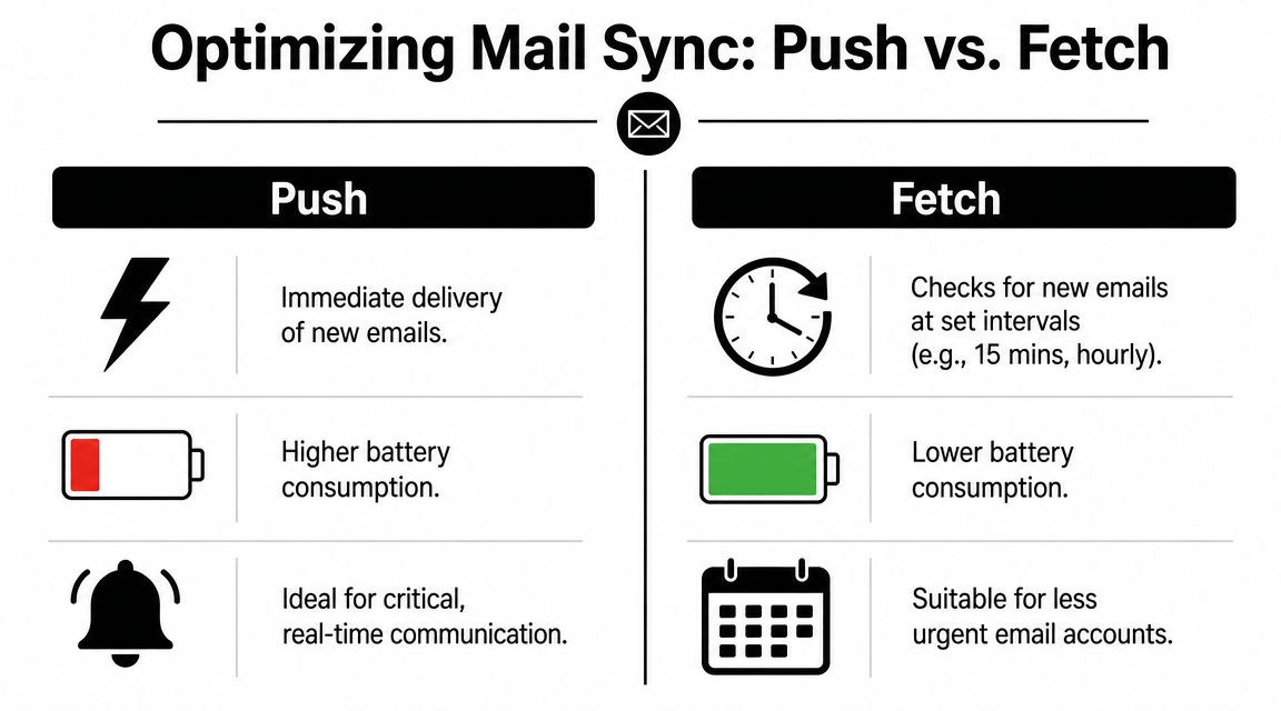 A comparison chart showing the differences between push and fetch mail sync for mobile devices.