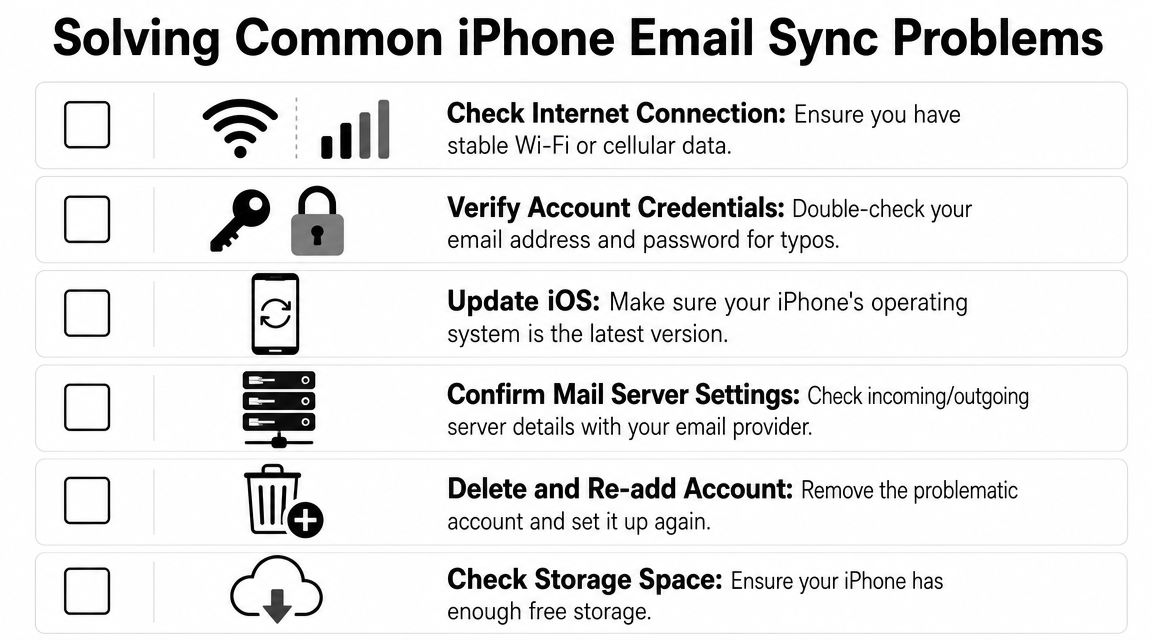 A checklist infographic titled Solving Common iPhone Email Sync Problems, illustrating six troubleshooting steps for email issues.