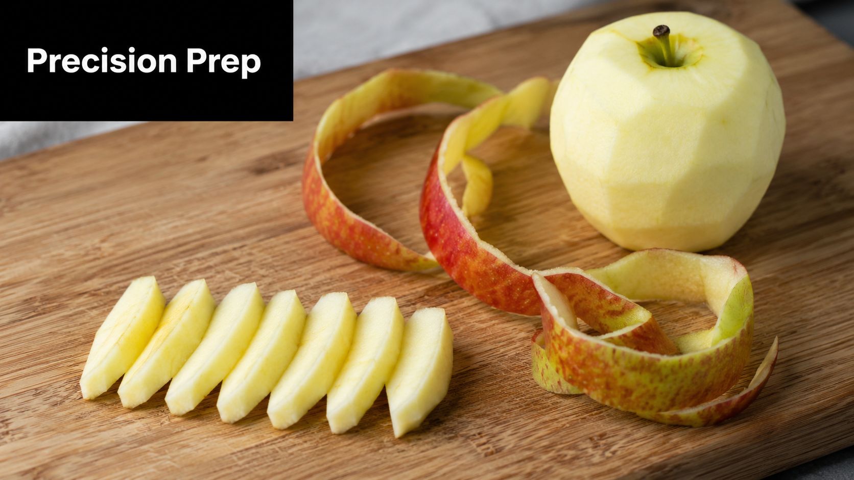 A peeled, sliced apple and a spiral of apple skin placed on a wooden cutting board.