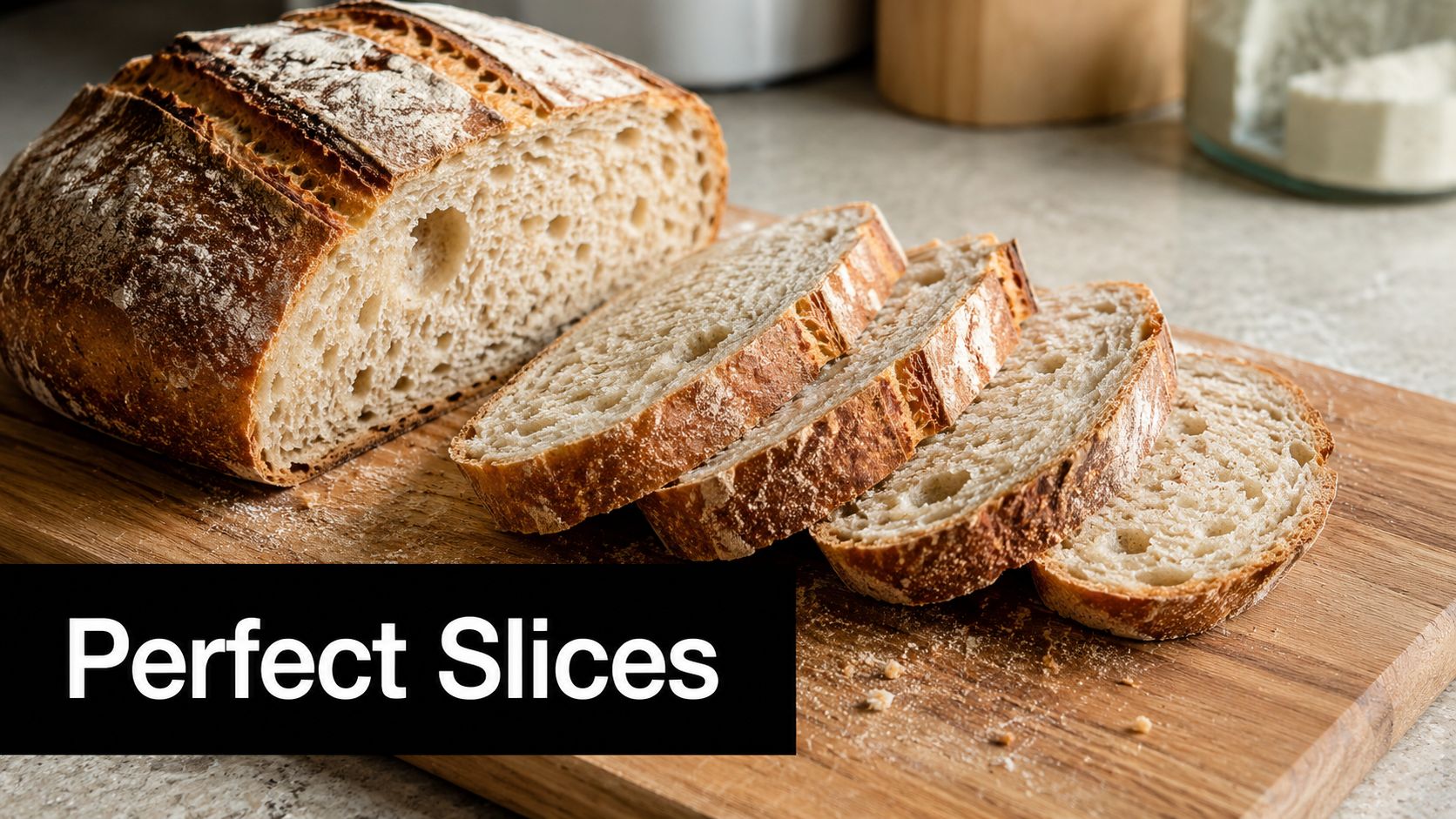 A rustic loaf of sourdough bread cut into several fresh slices on a wooden cutting board.