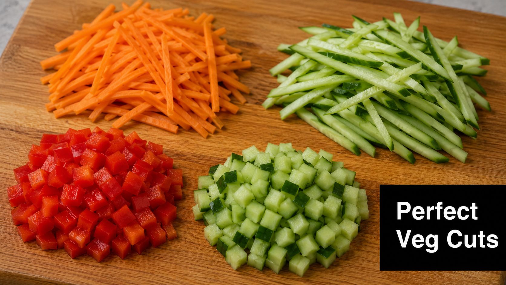 Four mounds of neatly sliced carrots, cucumbers, red peppers, and diced cucumbers arranged on a wooden board.