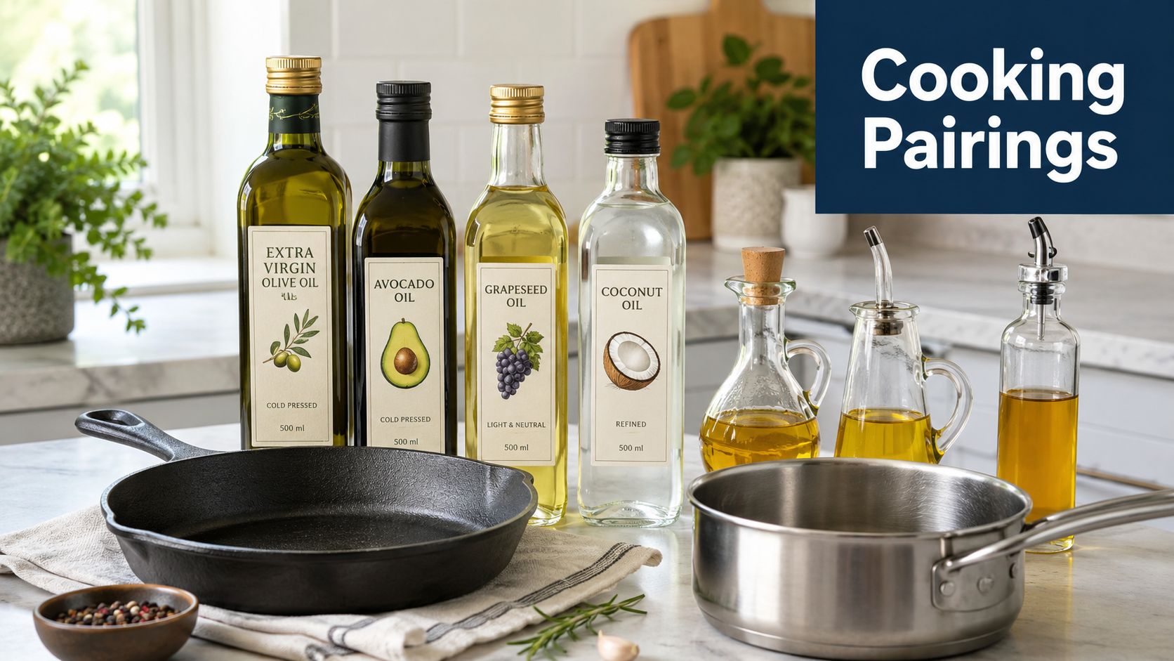 A collection of various cooking oils, including olive, avocado, grapeseed, and coconut, on a kitchen counter.
