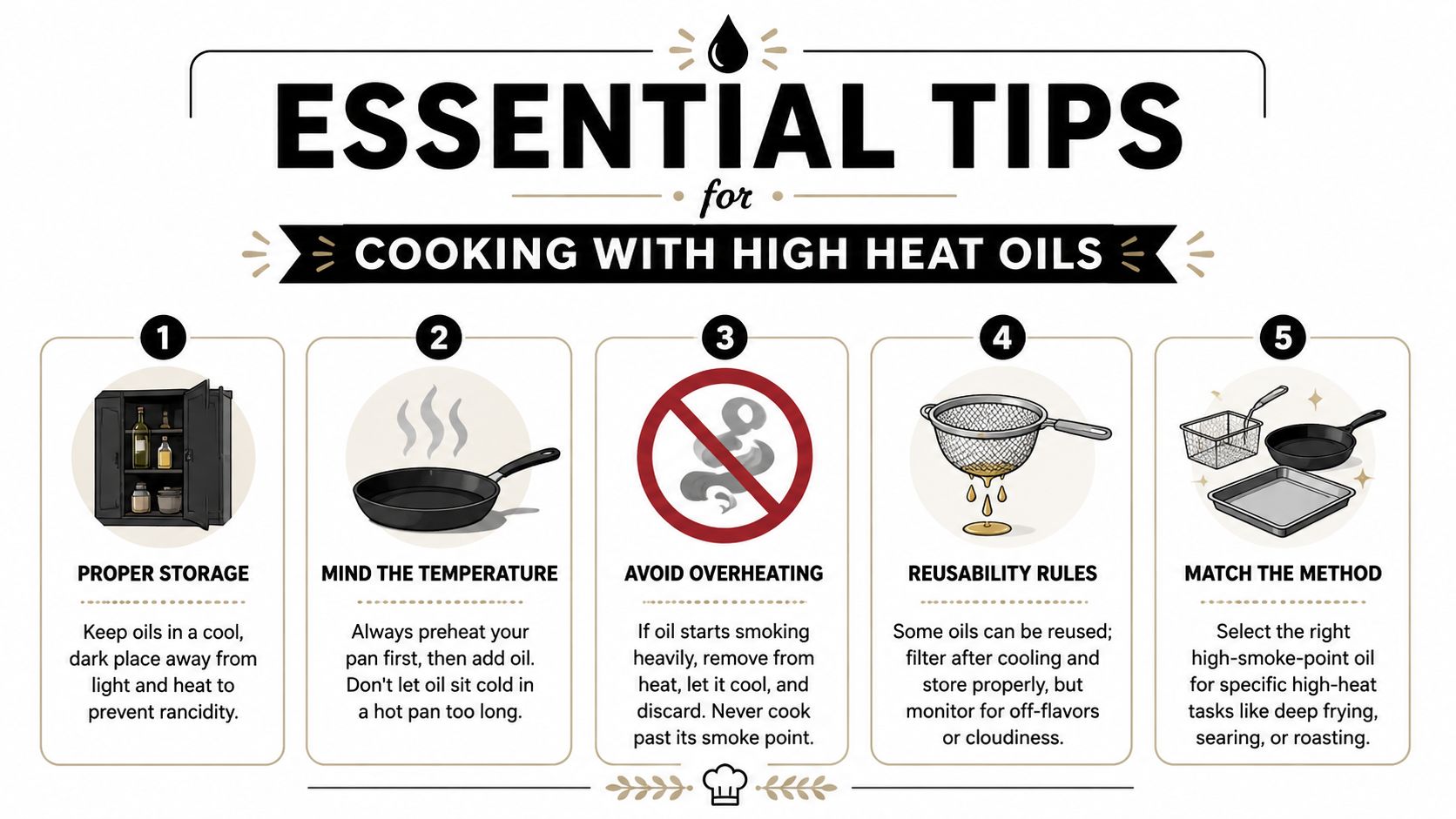 An infographic detailing five essential tips for safely cooking with various types of high heat oils.
