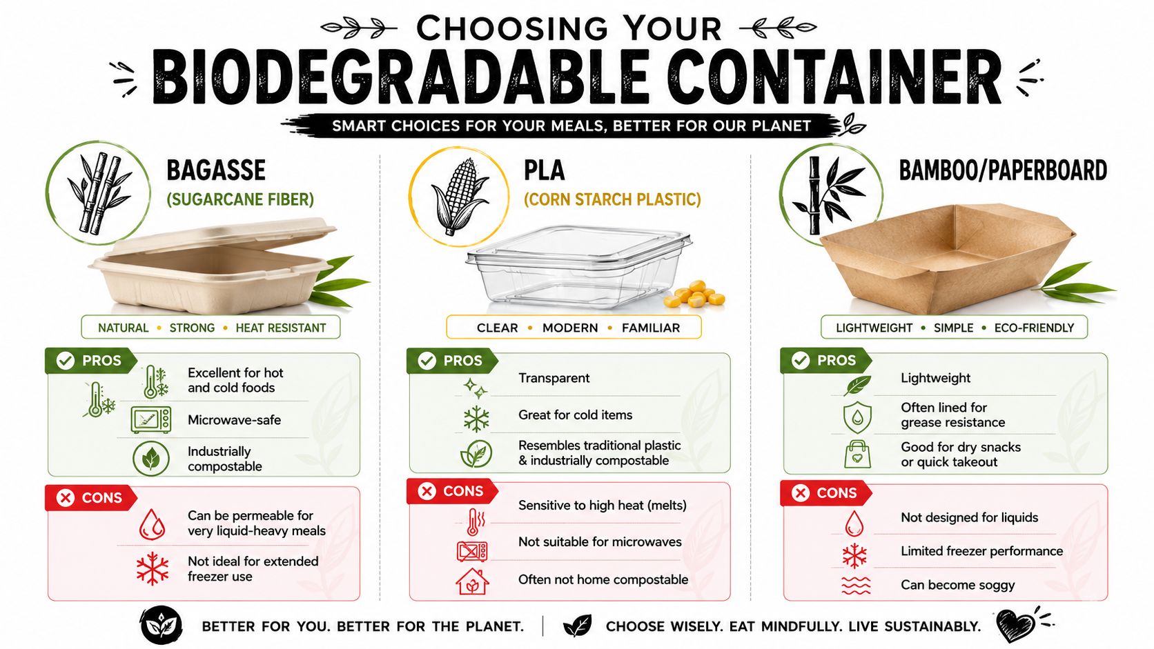 An infographic comparing bagasse, PLA, and bamboo or paperboard biodegradable food containers with their pros and cons.
