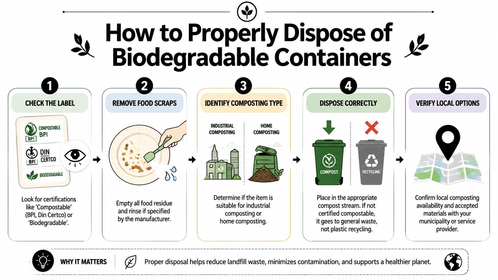 An infographic showing five simple steps for the proper disposal of biodegradable food containers.