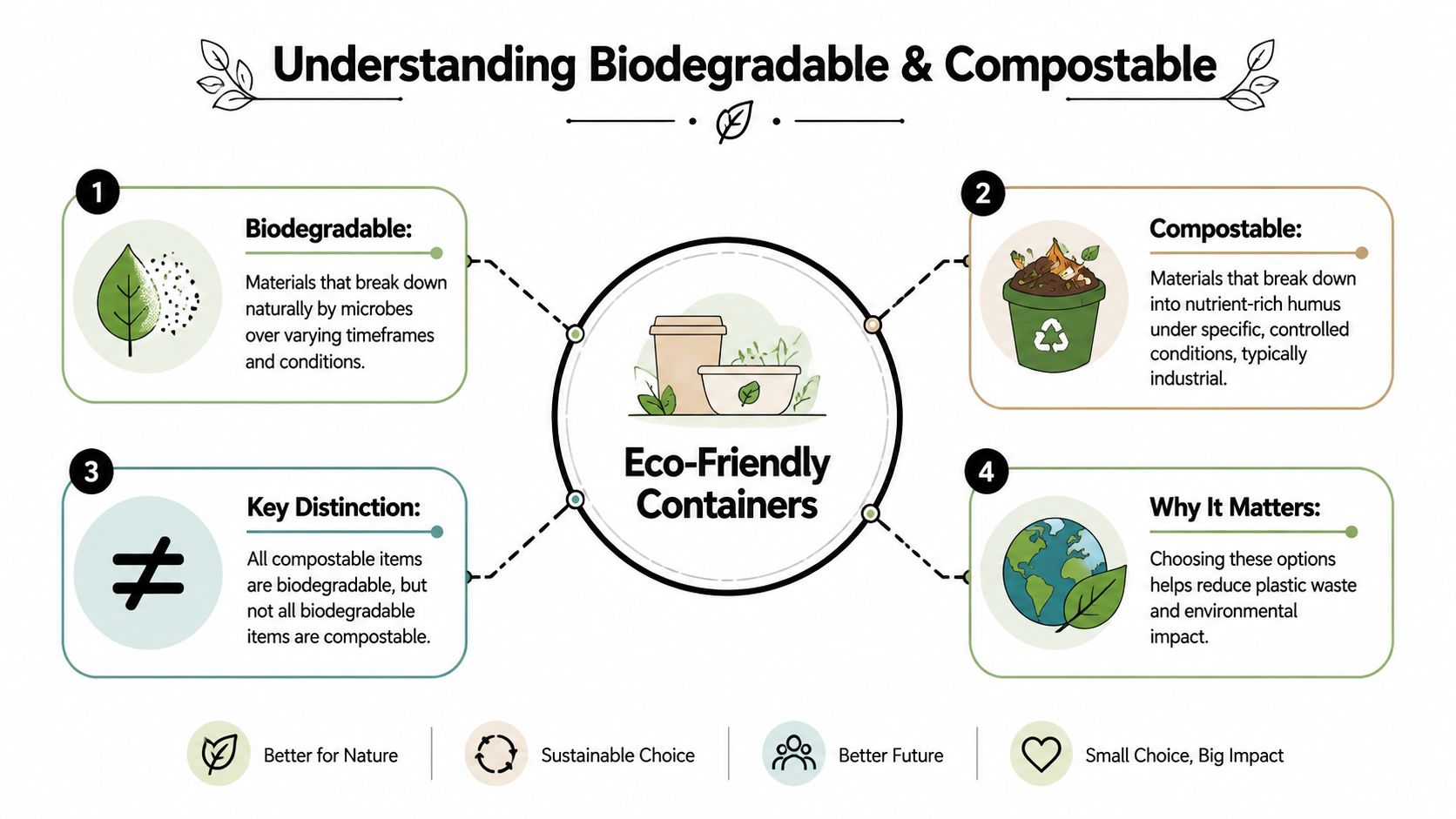 An infographic explaining the differences between biodegradable and compostable eco-friendly food containers for environmental sustainability.