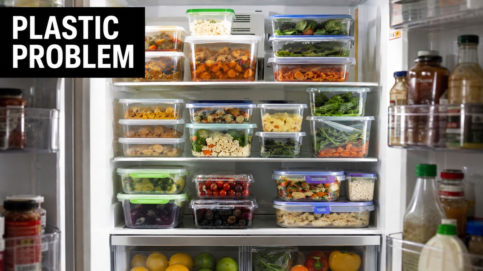 A refrigerator filled with various plastic containers storing prepared foods, fruits, and vegetables for meal prep.