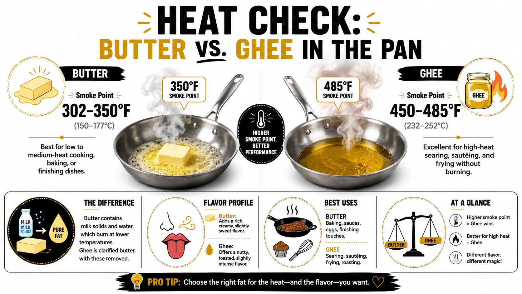 An infographic comparing the smoke points, uses, and flavor profiles of butter versus ghee in cooking.