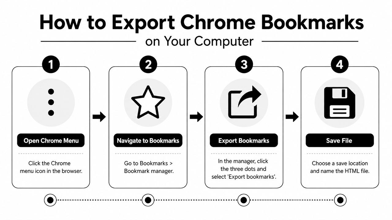 A step-by-step infographic showing how to export Chrome bookmarks from the browser to your computer.