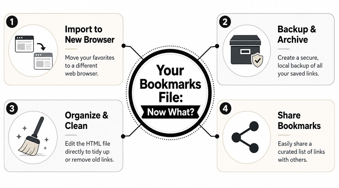An infographic showing four ways to use an exported browser bookmarks file, including importing, backing up, organizing, and sharing.