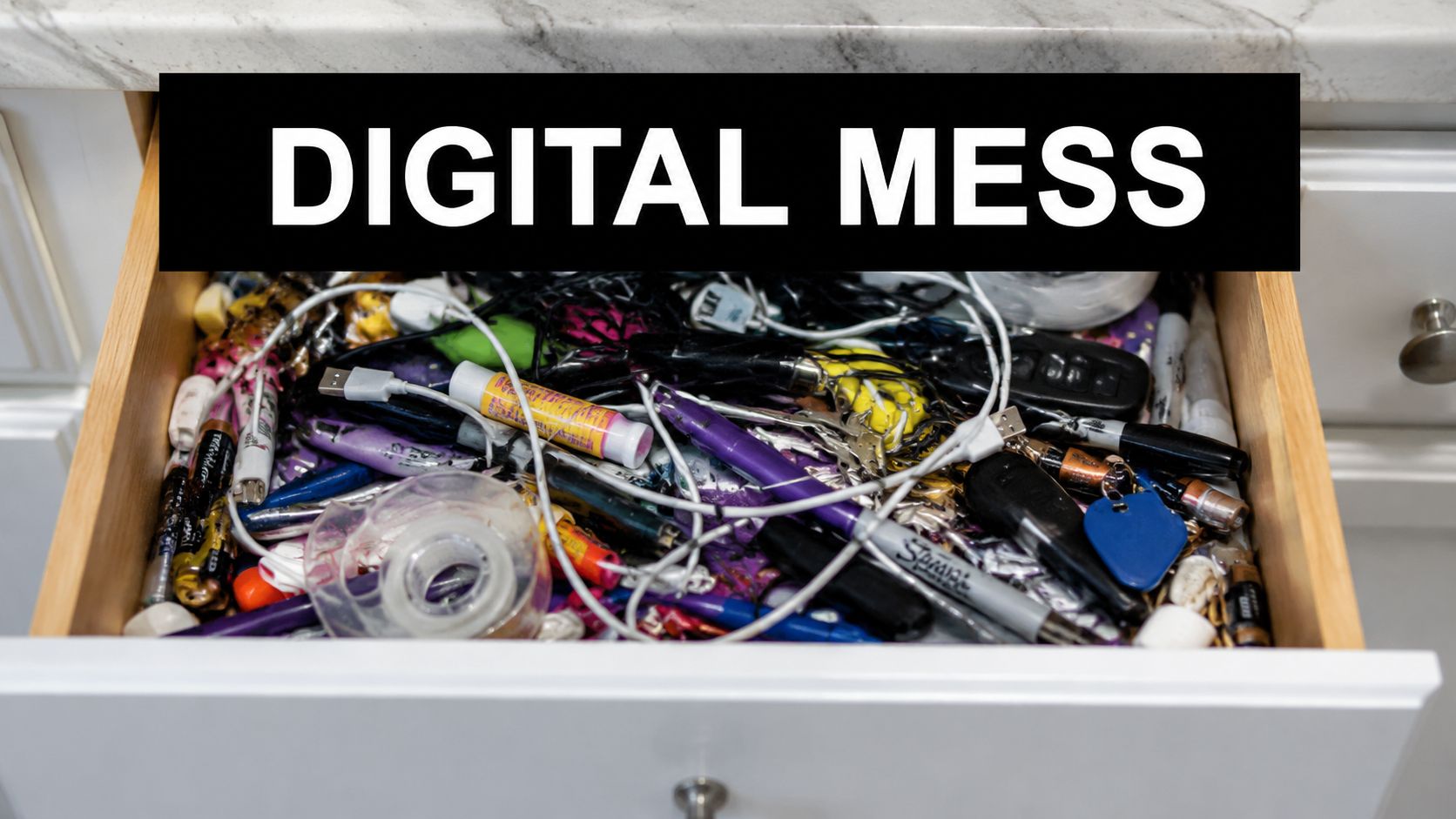 An open kitchen drawer cluttered with tangled charging cables, pens, keys, and miscellaneous household items.