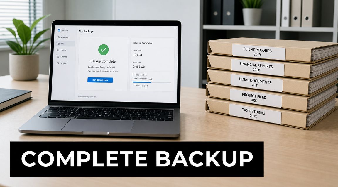 A laptop on a desk showing a completed digital file backup next to physical paper records.