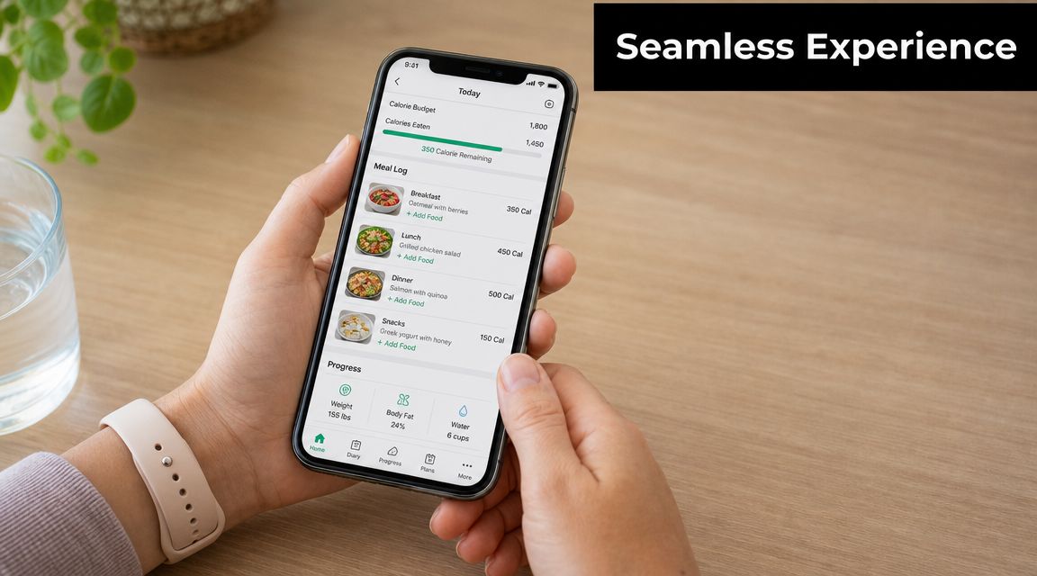 A person holding a smartphone displaying a nutrition and diet tracking app with daily meal logs.