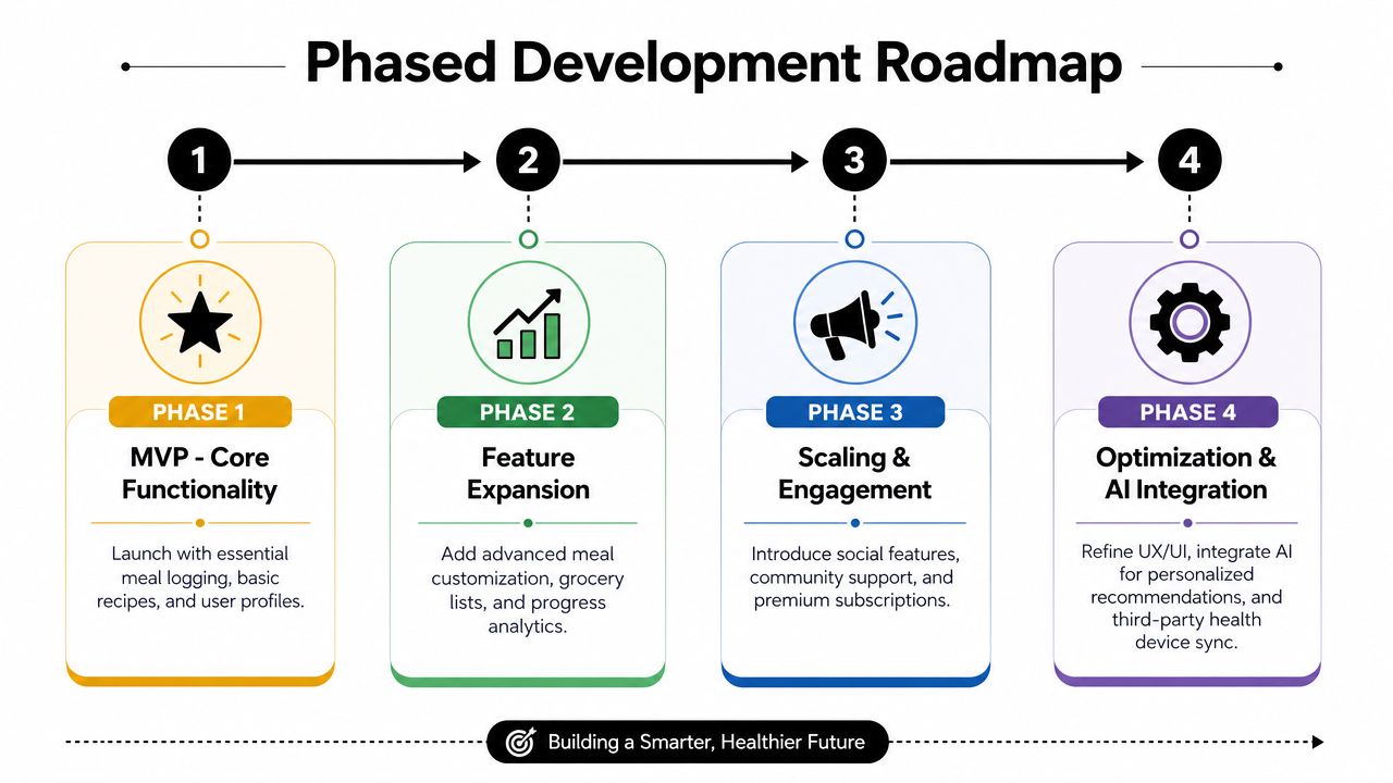 A four-step phased development roadmap for creating a diet planner app showing progressive feature implementation.