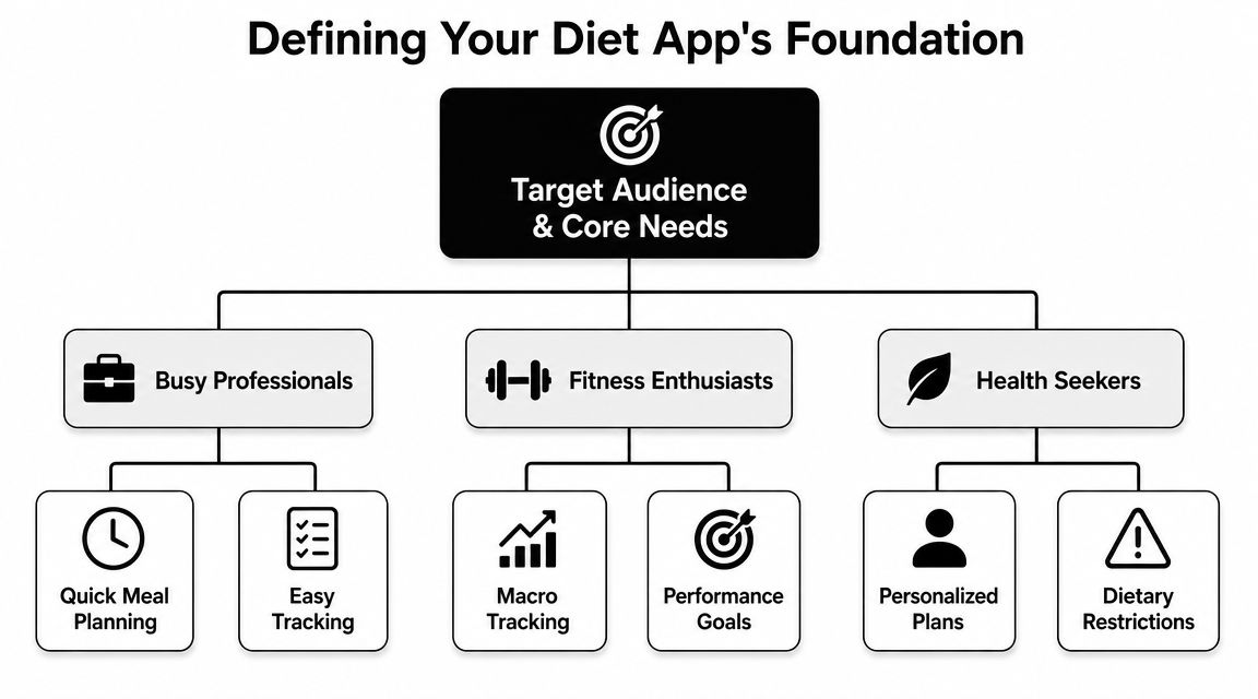 A diagram illustrating the diet app development foundation including target audiences and their specific core needs.