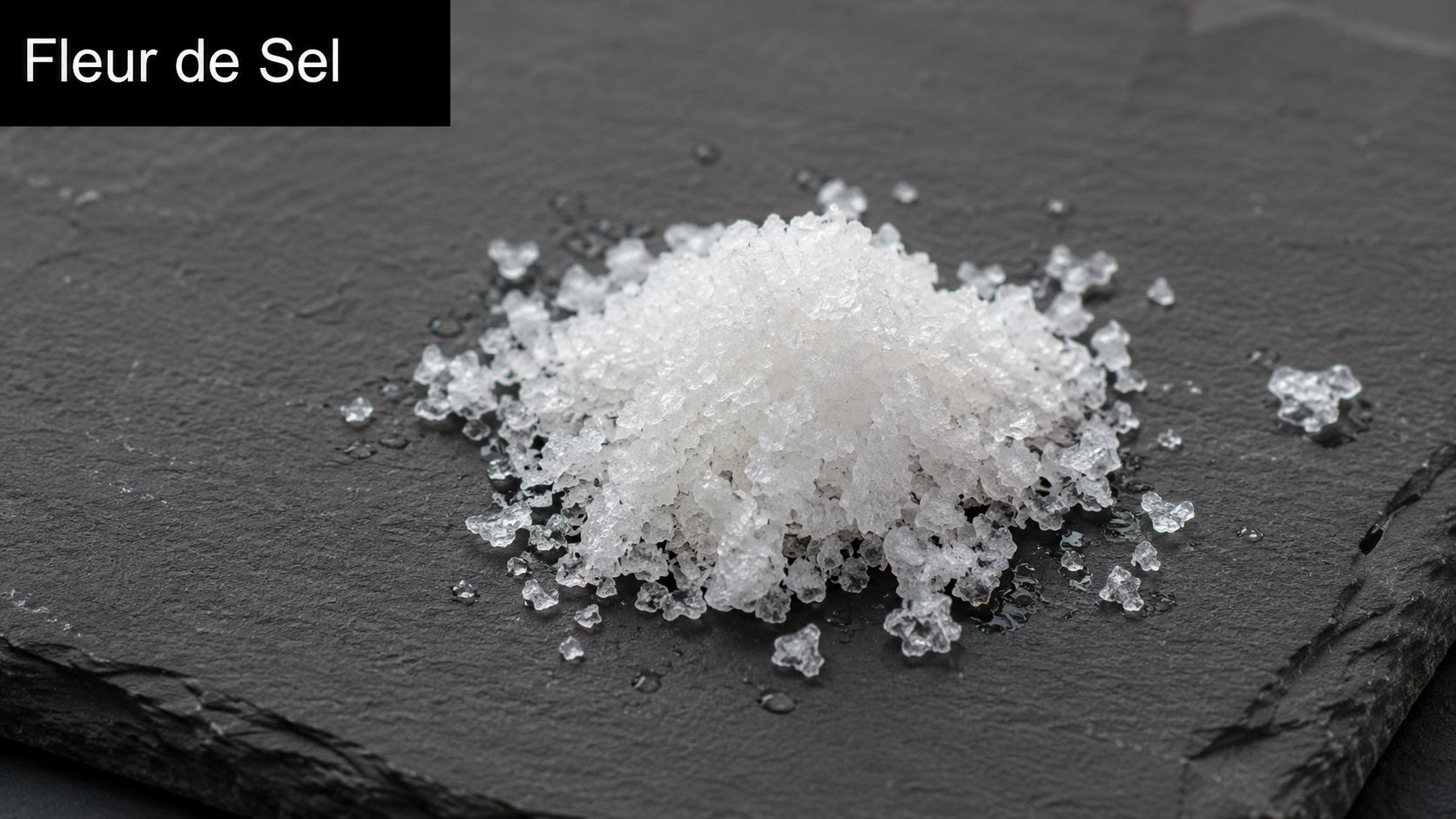 A small pile of white Fleur de Sel sea salt crystals resting on a dark slate board.