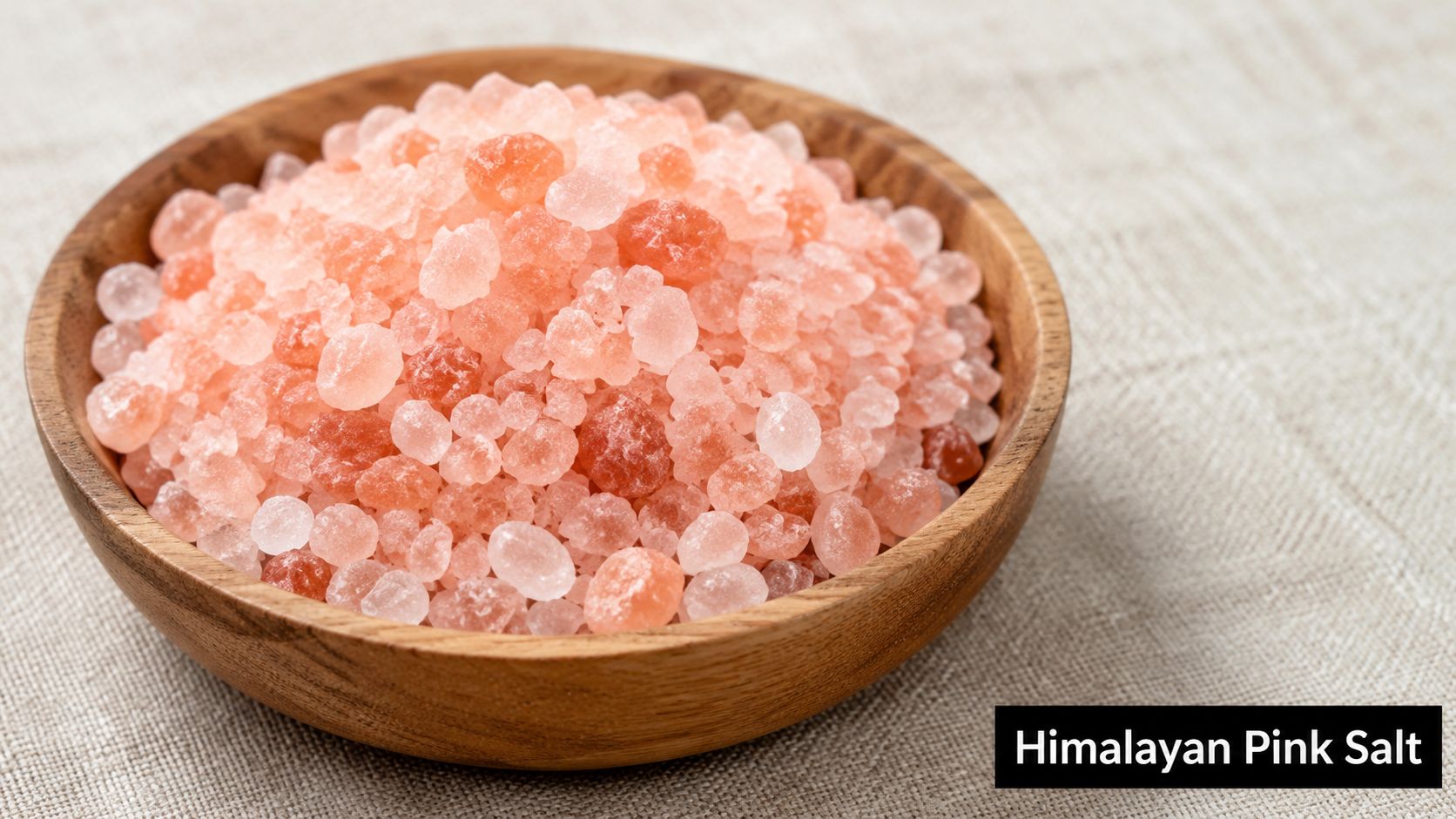 A wooden bowl filled with coarse grains of Himalayan pink salt on a textured fabric surface.
