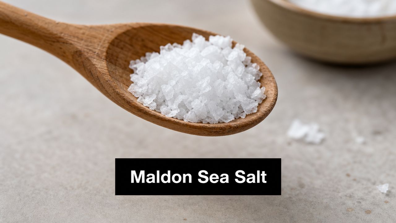 A wooden spoon filled with coarse Maldon sea salt flakes resting on a grey stone surface.