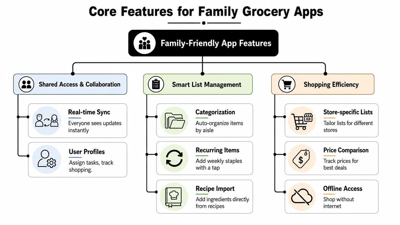 An infographic showing core features of a family grocery list application including collaboration, list management, and efficiency.