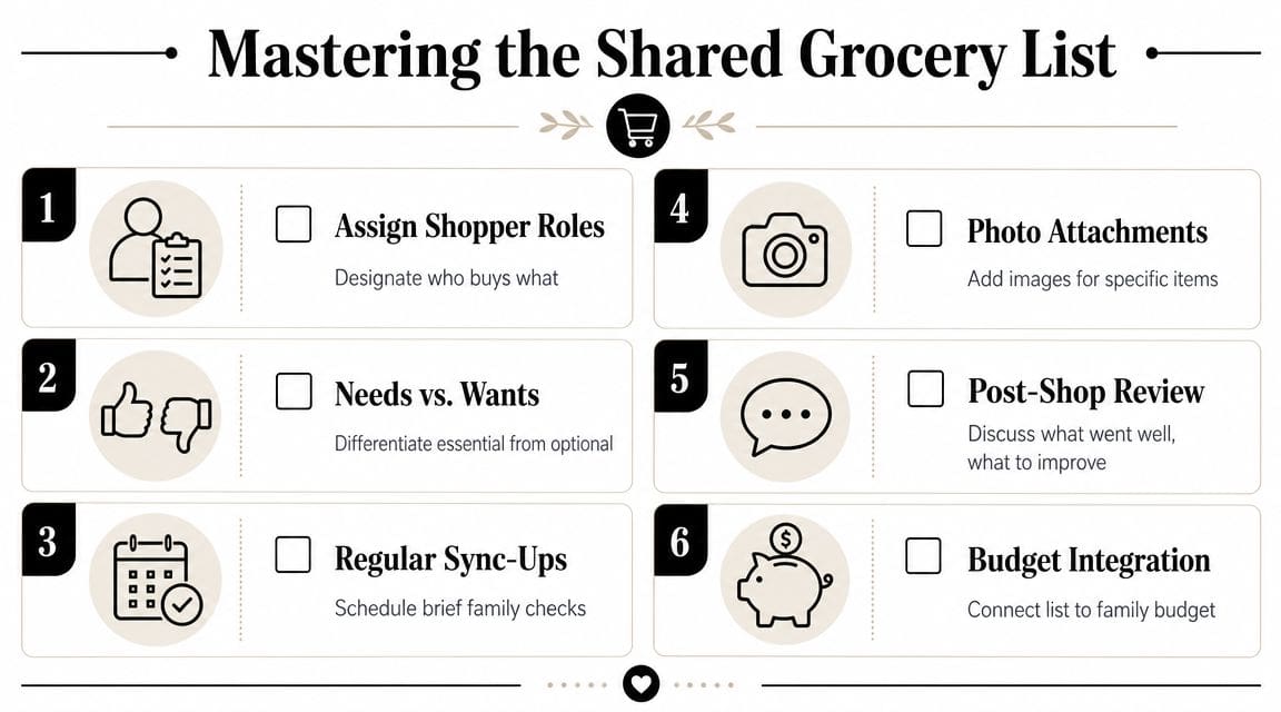 An infographic titled Mastering the Shared Grocery List showing six numbered tips for efficient family shopping.