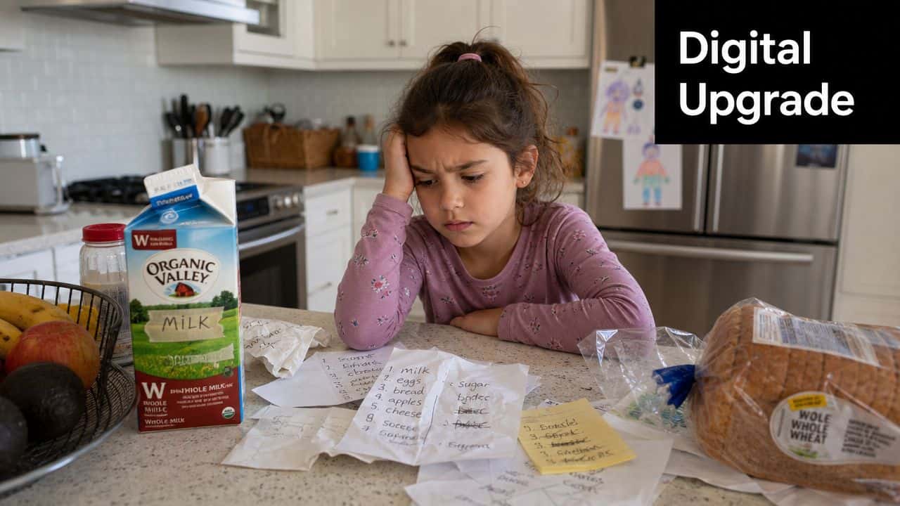 A young girl sits frustrated at a kitchen counter surrounded by multiple messy grocery shopping lists.