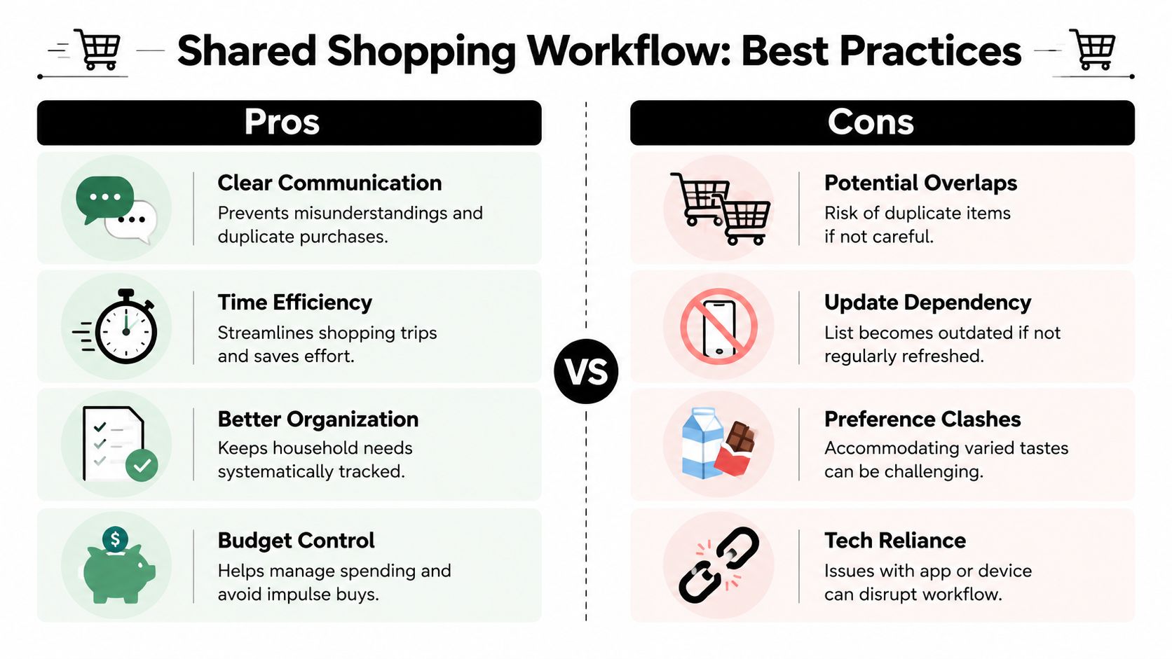 An infographic comparing the pros and cons of using a shared shopping workflow for households.