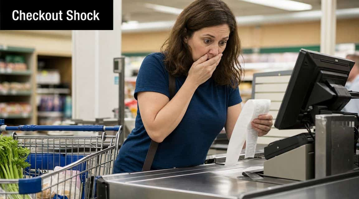 A woman looks shocked while reading a long grocery store receipt at the checkout counter.