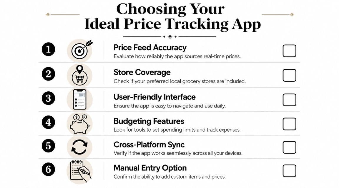 A numbered checklist for choosing the ideal grocery price tracking app with six essential evaluation criteria.