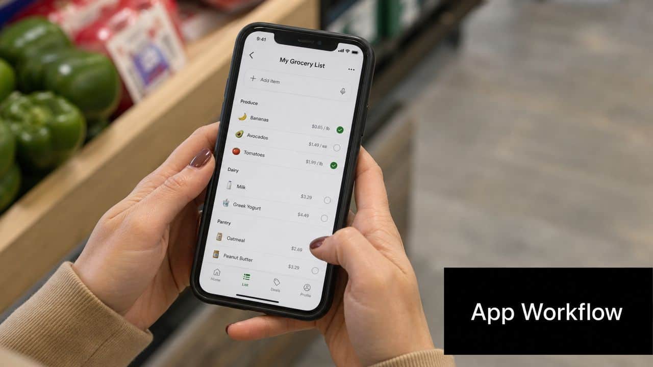 A person holding a smartphone showing a grocery list app with various items and prices displayed.