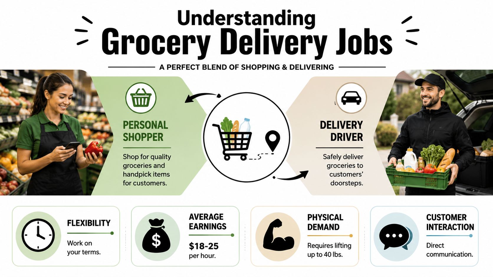 An infographic explaining the roles of a personal shopper and a delivery driver for grocery services.