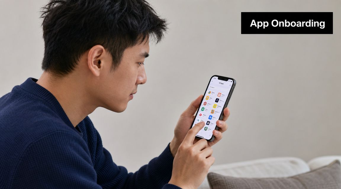 A young man uses his smartphone to browse and select various grocery shopping applications while sitting.