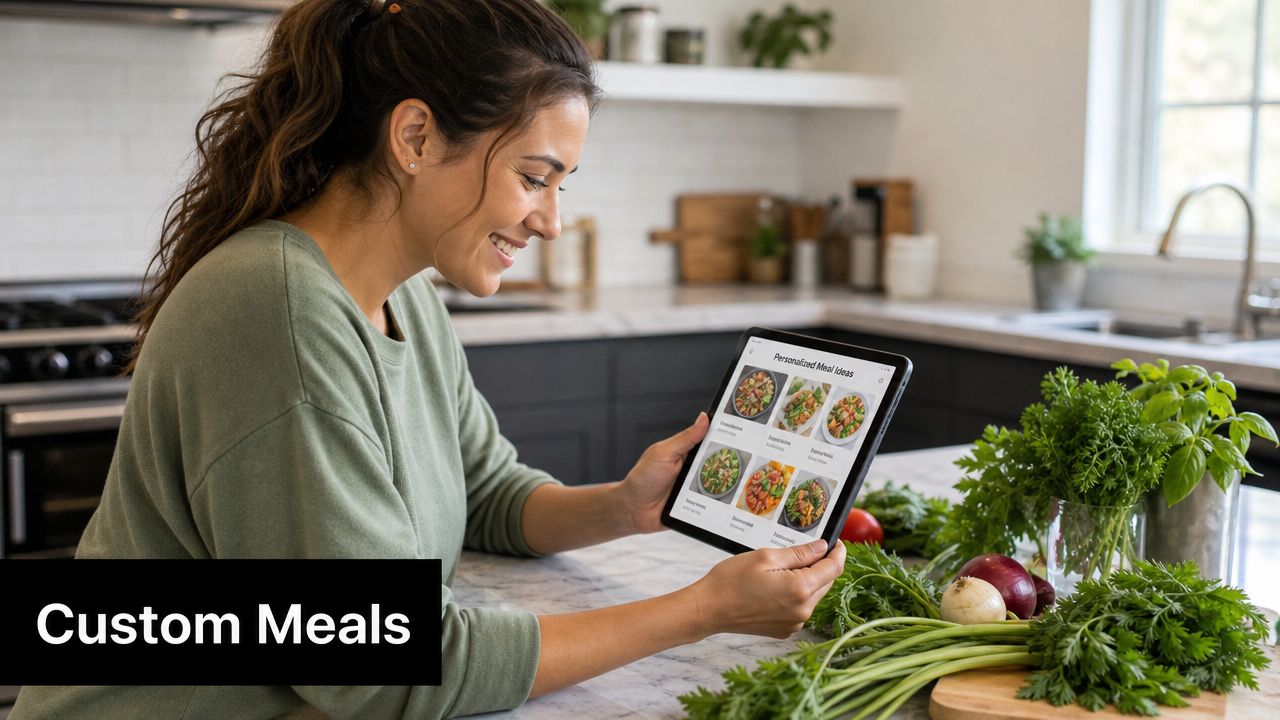 A woman smiling while looking at personalized meal ideas on a tablet in a bright kitchen.