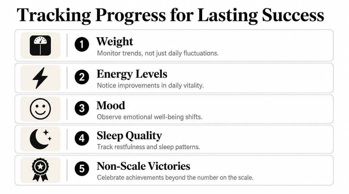 An infographic list titled Tracking Progress for Lasting Success, detailing five key health metrics to monitor regularly.
