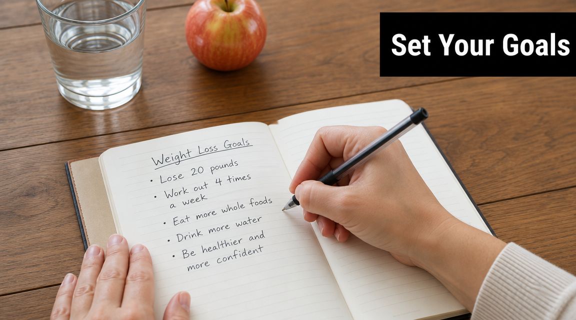 A person writing weight loss goals in a notebook next to an apple and water.