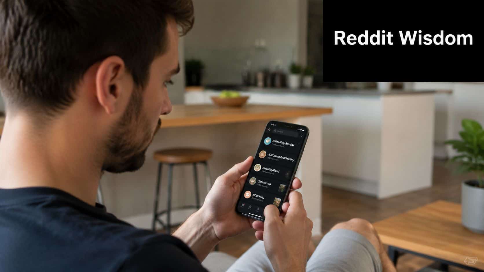A man viewing a Reddit meal planner app on his smartphone screen in a bright modern home.