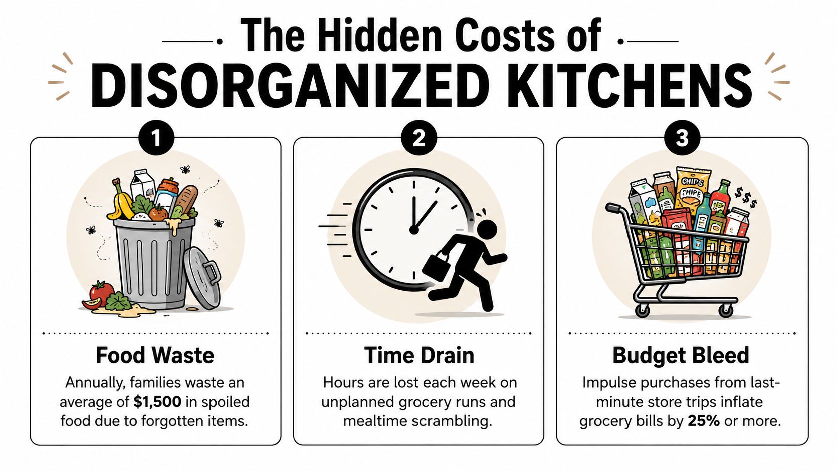 An infographic detailing the hidden costs of disorganized kitchens including food waste, time loss, and budget bloat.