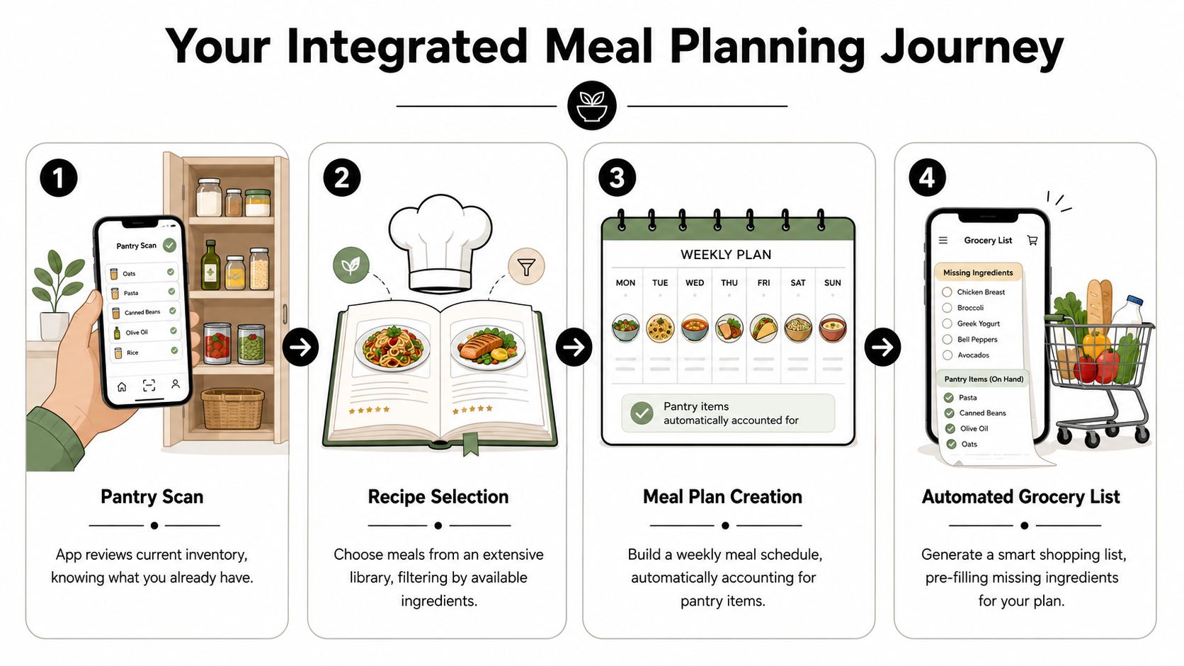 An infographic showing the four steps of an integrated meal planning journey from pantry scanning to shopping.