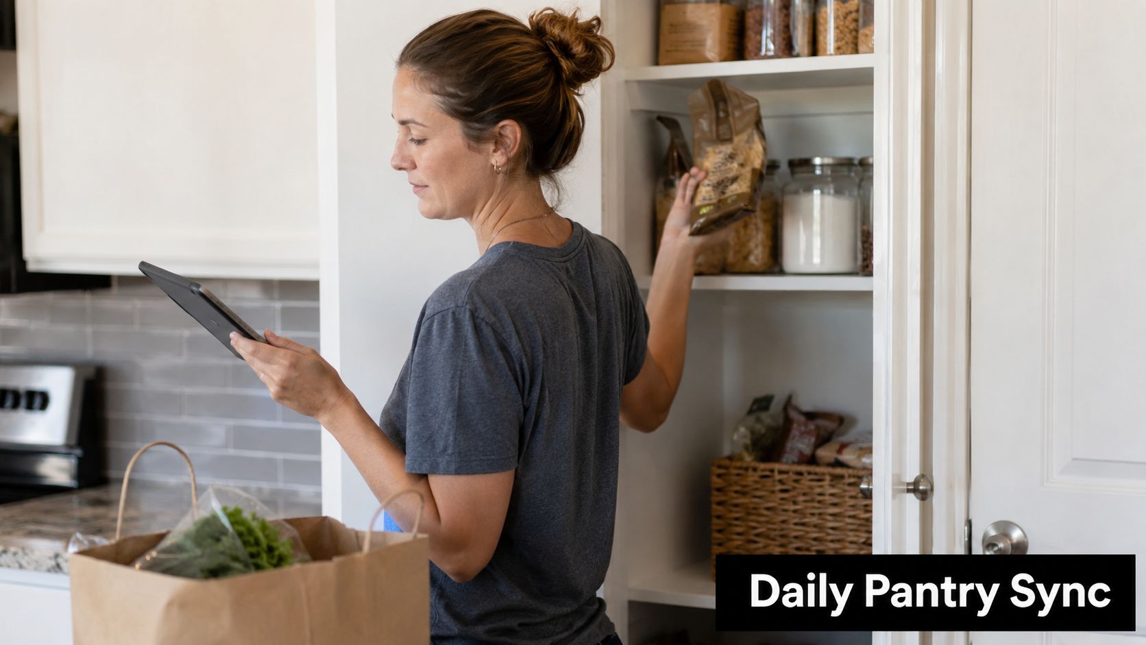 A woman uses a meal planning app on her tablet while organizing groceries in her home pantry.