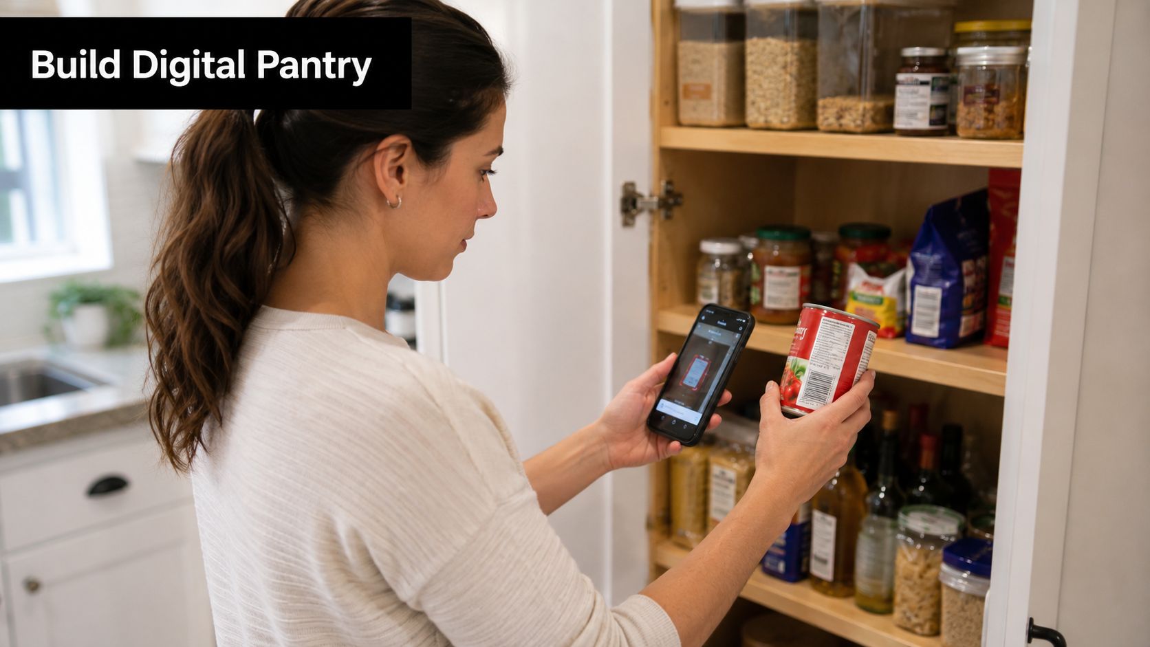 A woman uses a smartphone app to scan a canned food item to build a digital pantry.