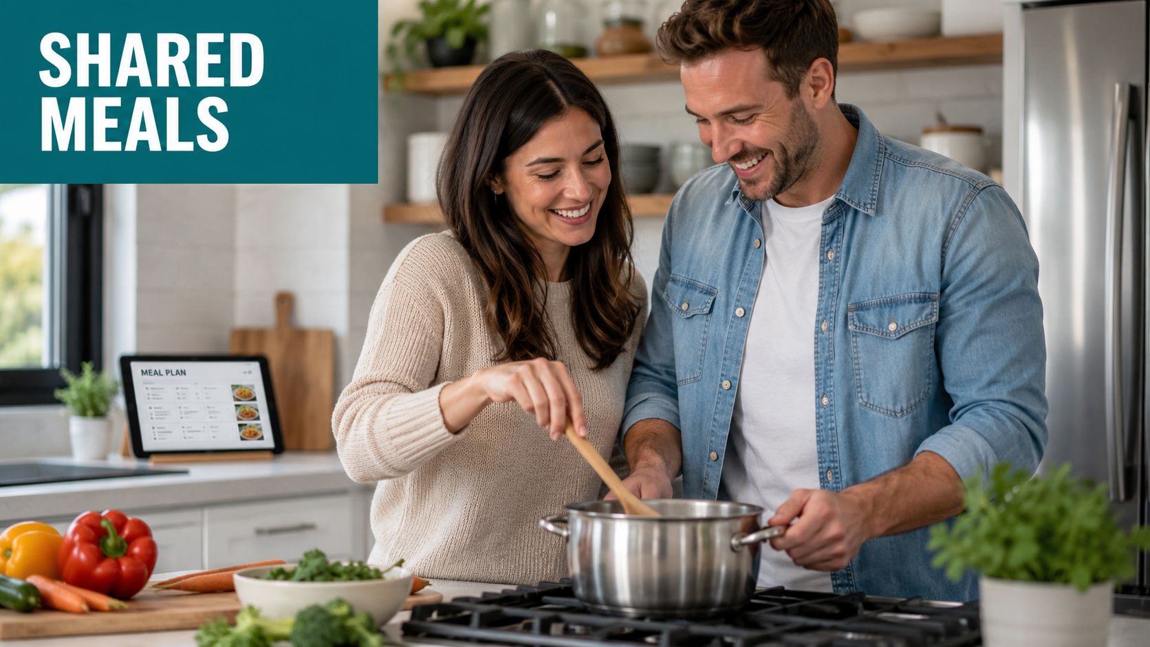 A happy couple preparing a healthy meal together in a modern kitchen while using a meal plan app.