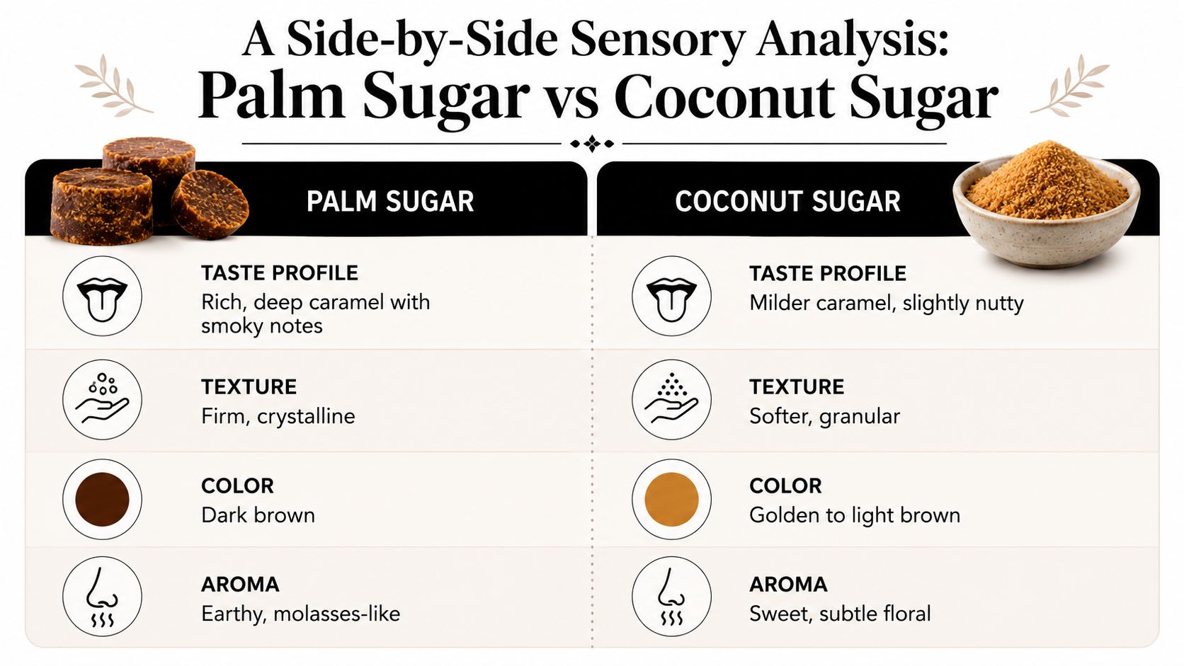 A side-by-side sensory comparison infographic detailing the taste, texture, color, and aroma of palm versus coconut sugar.