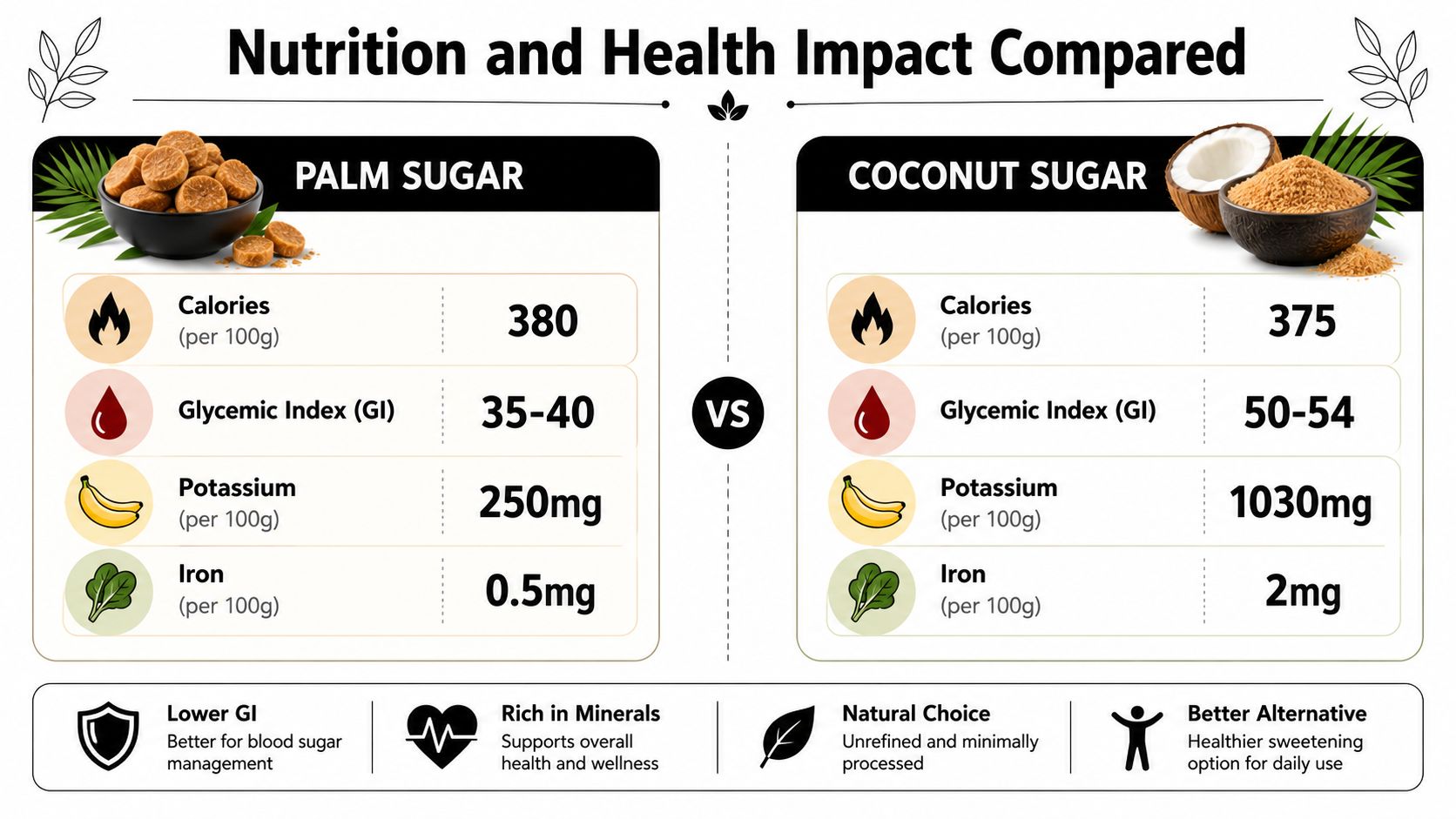 A comparison infographic detailing nutritional facts between palm sugar and coconut sugar for health awareness.
