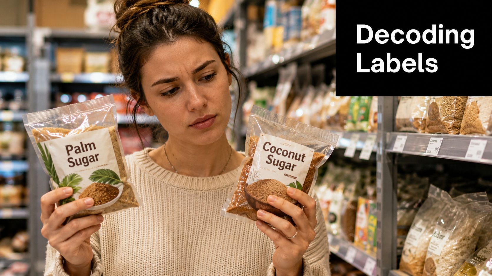 A woman comparing packages of palm sugar and coconut sugar while shopping in a grocery store.