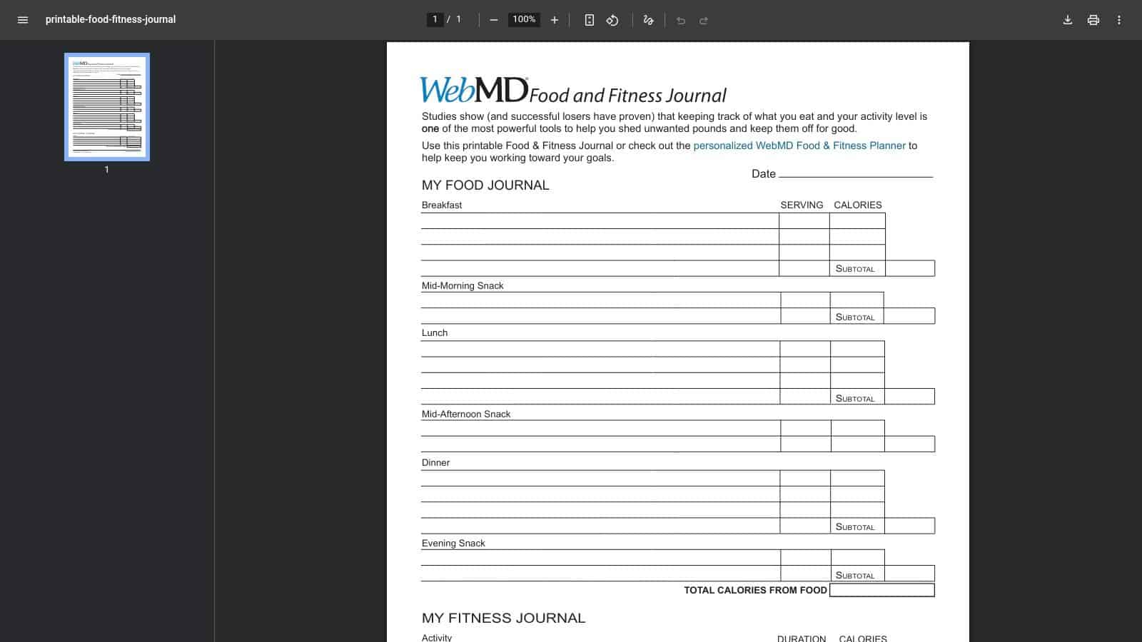 WebMD, Printable Food & Fitness Journal