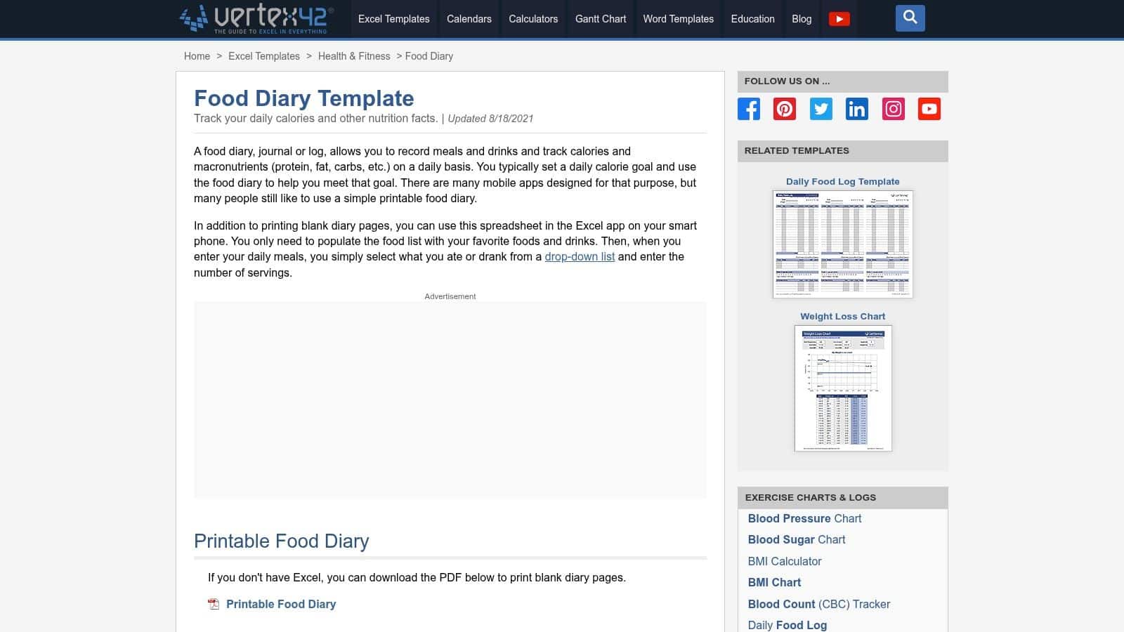 Vertex42, Food Diary Template
