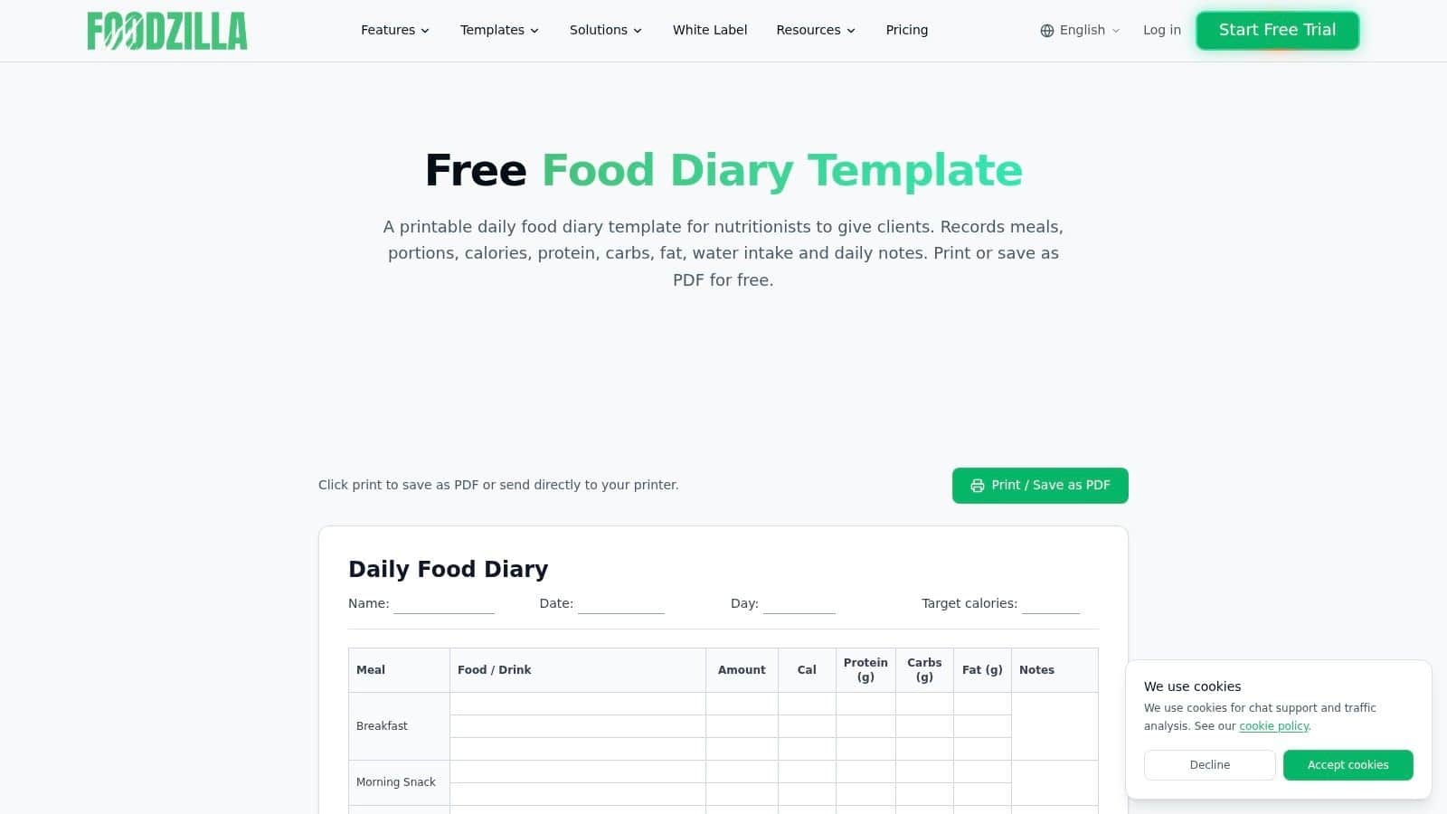 Foodzilla, Free Food Diary Template for Nutritionists