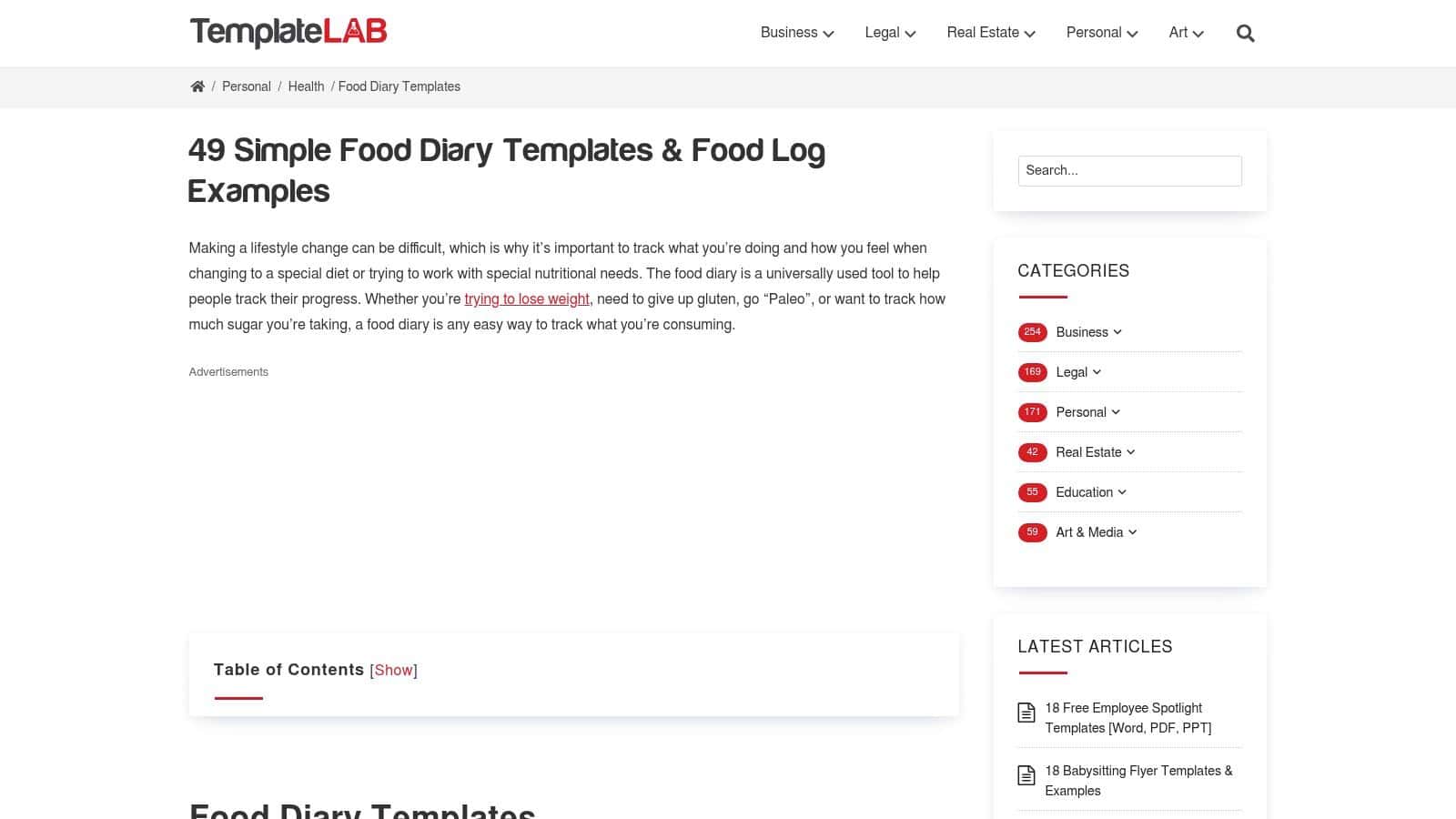 TemplateLab, Food Diary Templates collection
