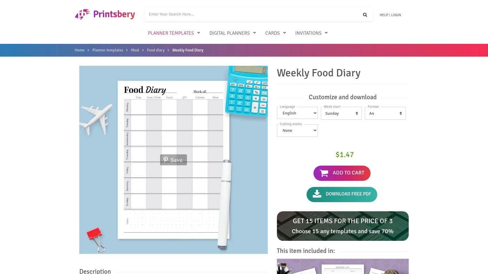 Printsbery, Weekly Food Diary Template
