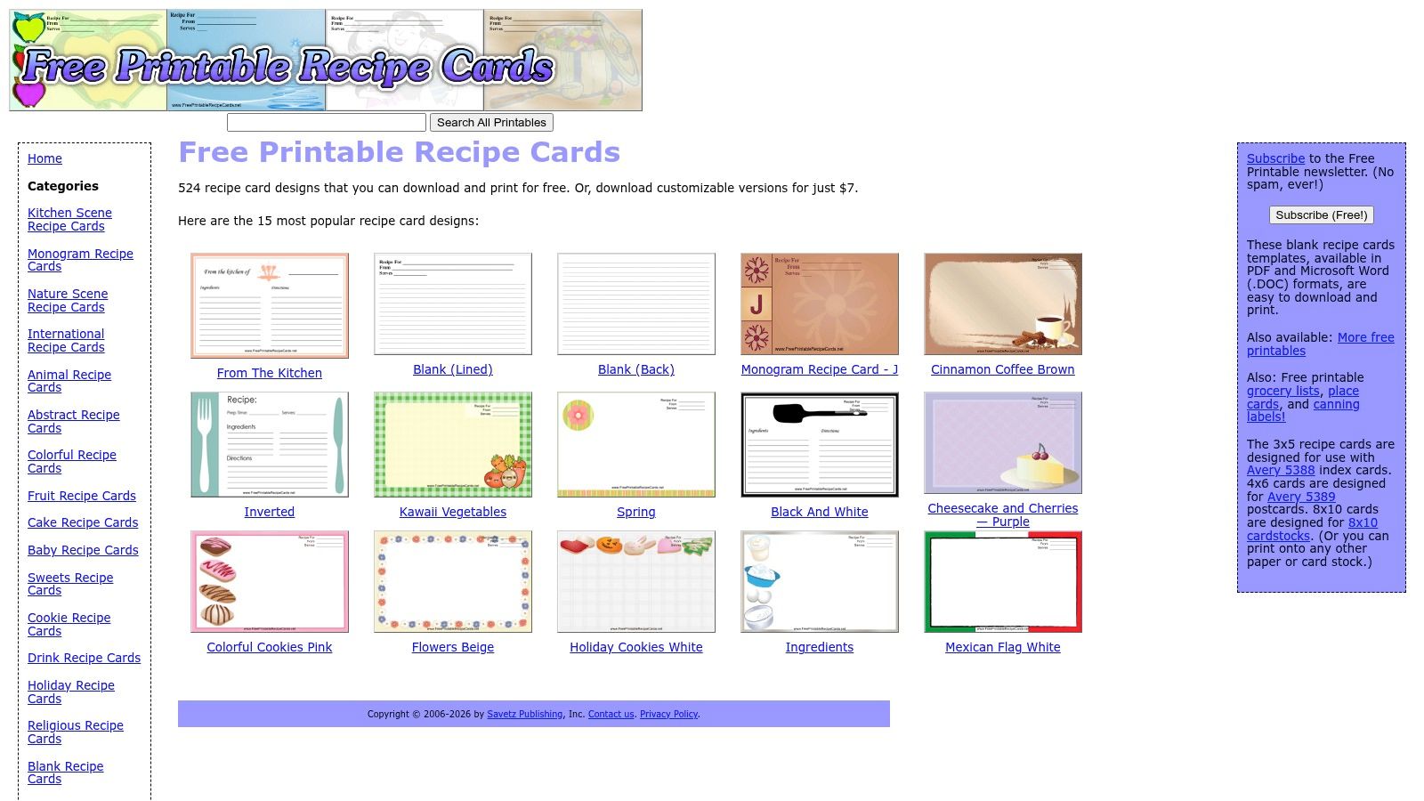 FreePrintableRecipeCards.net – Word DOC versions