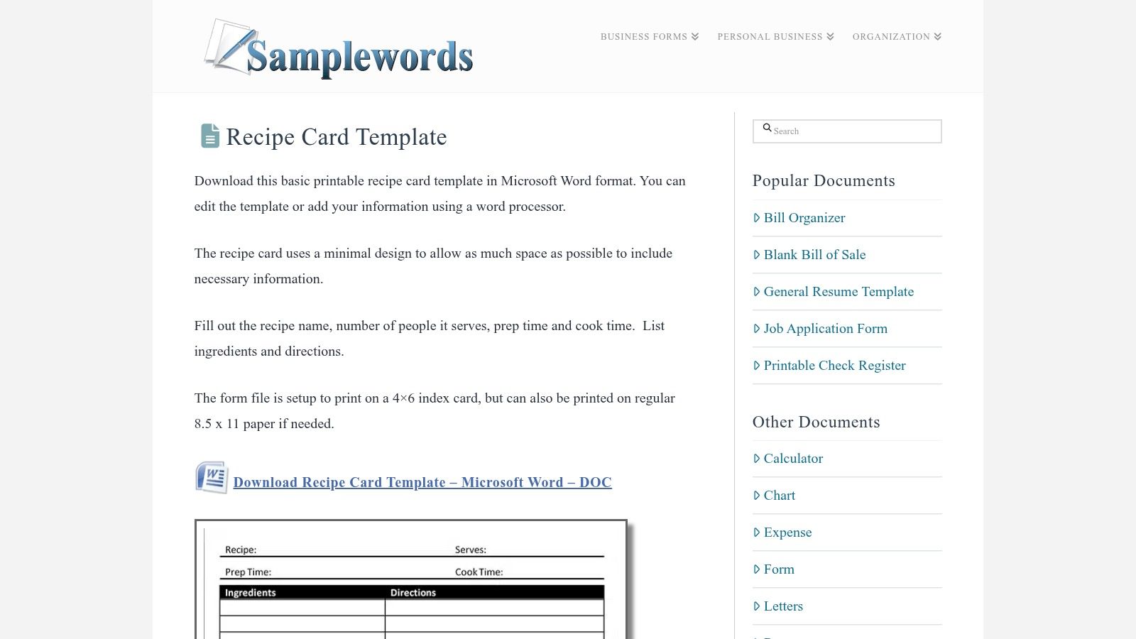 Samplewords – Recipe Card Template (Word)